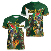 Personalized South Africa Versus Ireland Rugby Women V-Neck T-Shirt The Springbok Mascot and Celtic Cross Together - Wonder Print Shop