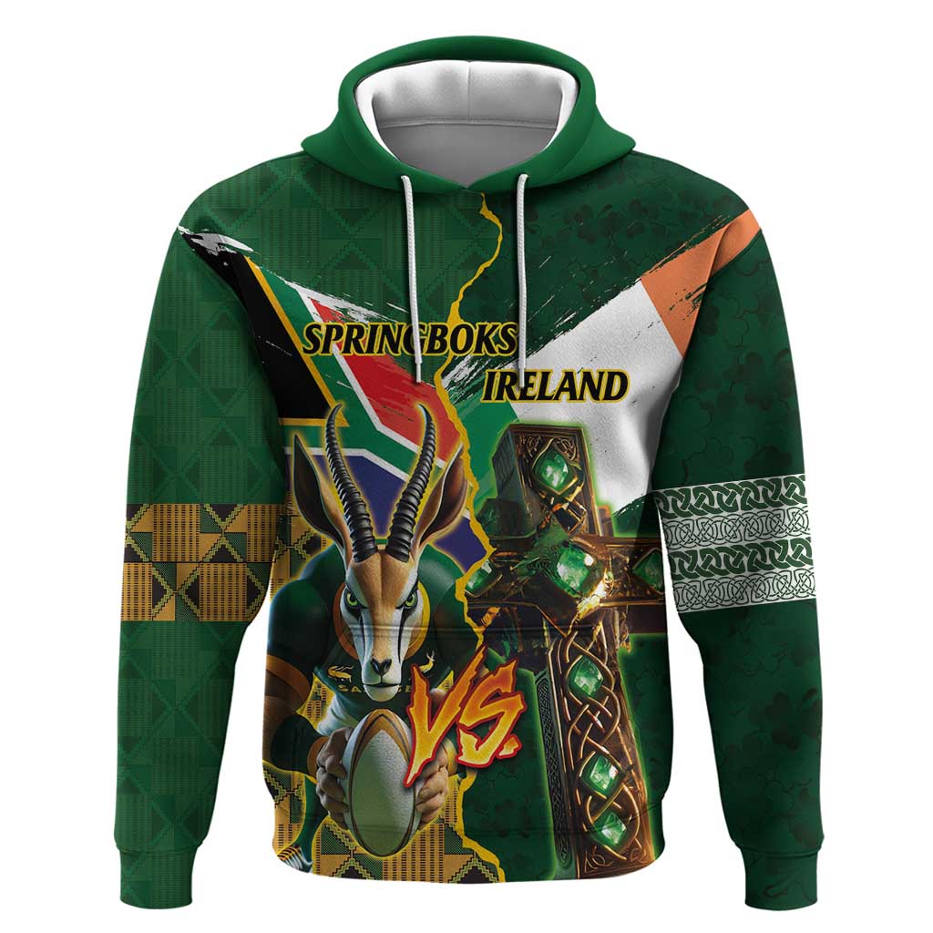 Personalized South Africa Versus Ireland Rugby Zip Hoodie The Springbok Mascot and Celtic Cross Together - Wonder Print Shop