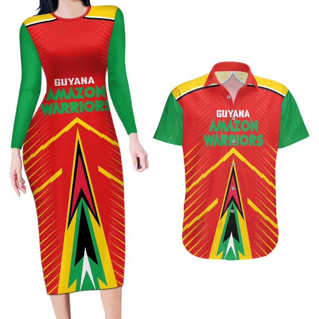 Custom Guyana Cricket Amazon Warriors Couples Matching Long Sleeve Bodycon Dress and Hawaiian Shirt Green Red Gold Glory - Wonder Print Shop
