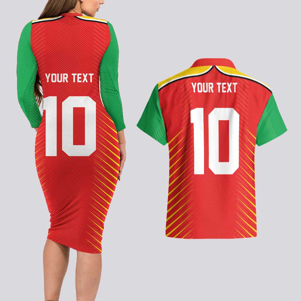 Custom Guyana Cricket Amazon Warriors Couples Matching Long Sleeve Bodycon Dress and Hawaiian Shirt Green Red Gold Glory - Wonder Print Shop