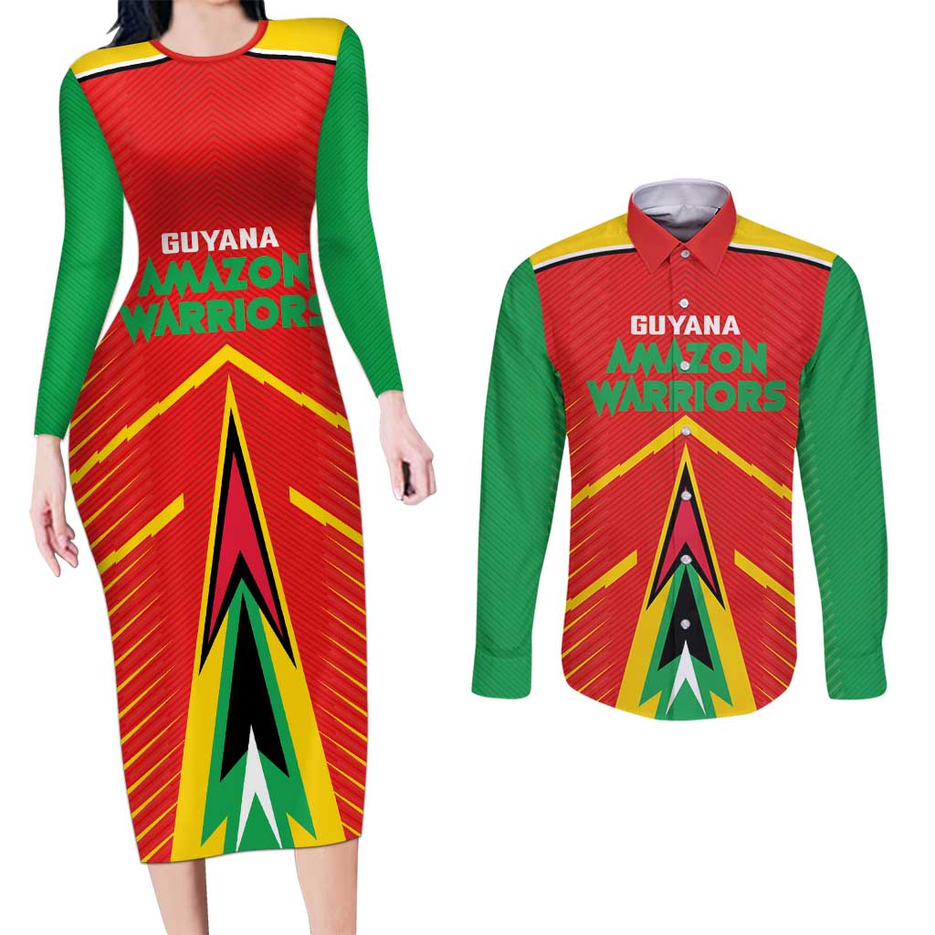 Custom Guyana Cricket Amazon Warriors Couples Matching Long Sleeve Bodycon Dress and Long Sleeve Button Shirt Green Red Gold Glory - Wonder Print Shop