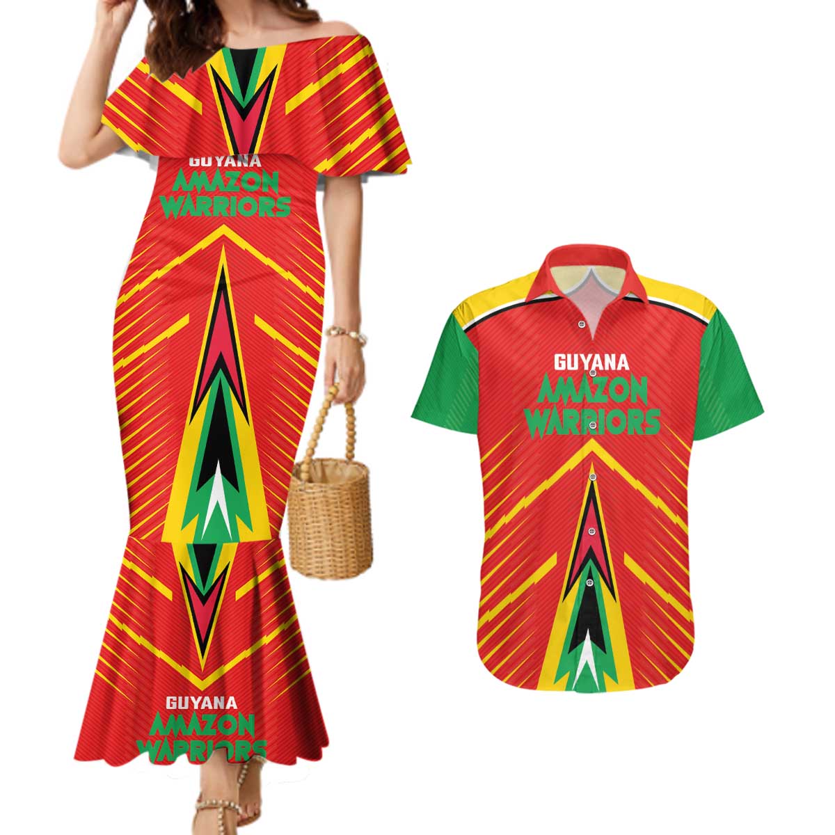 Custom Guyana Cricket Amazon Warriors Couples Matching Mermaid Dress and Hawaiian Shirt Green Red Gold Glory - Wonder Print Shop
