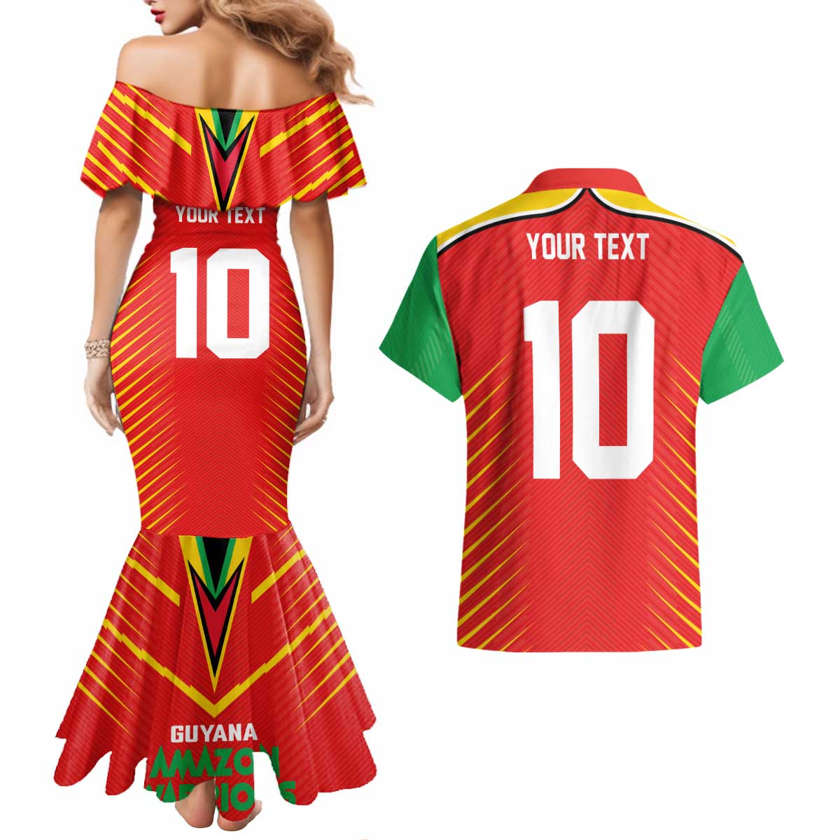 Custom Guyana Cricket Amazon Warriors Couples Matching Mermaid Dress and Hawaiian Shirt Green Red Gold Glory - Wonder Print Shop