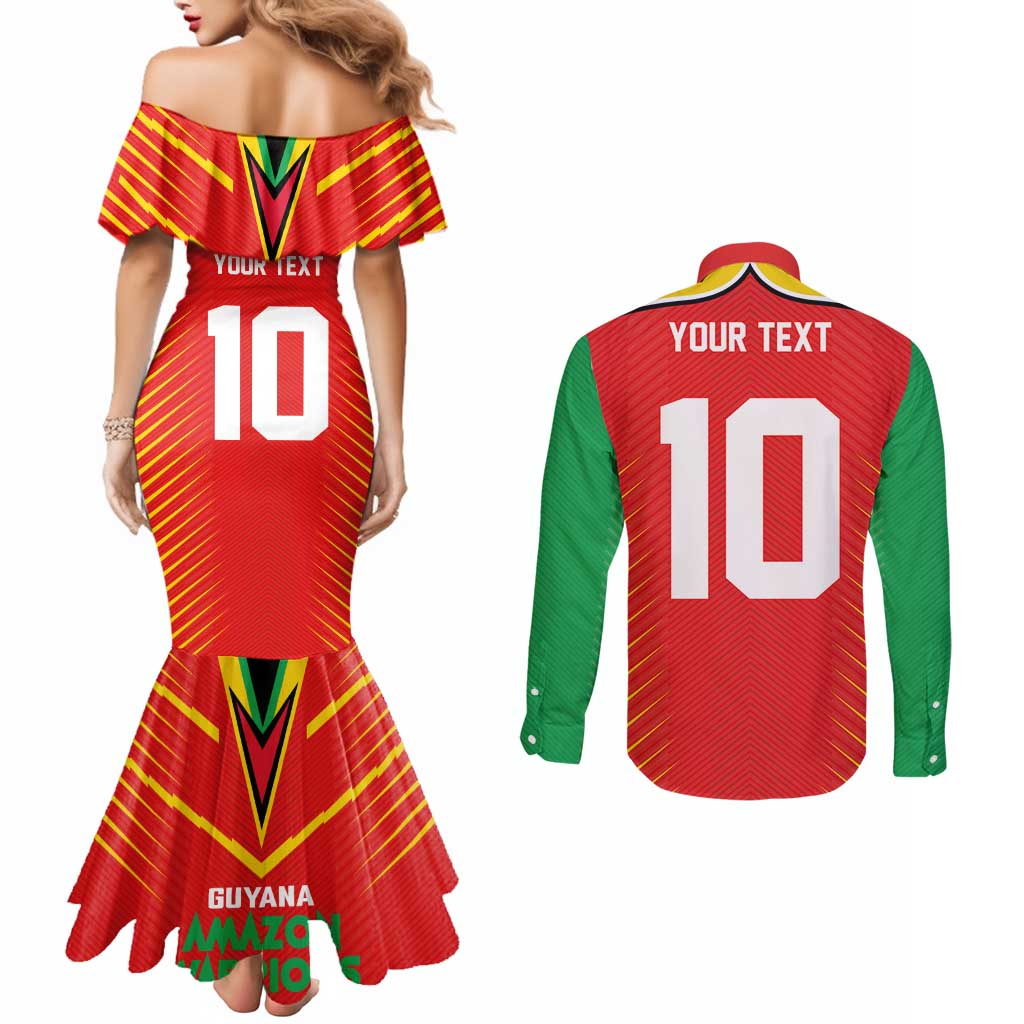 Custom Guyana Cricket Amazon Warriors Couples Matching Mermaid Dress and Long Sleeve Button Shirt Green Red Gold Glory - Wonder Print Shop