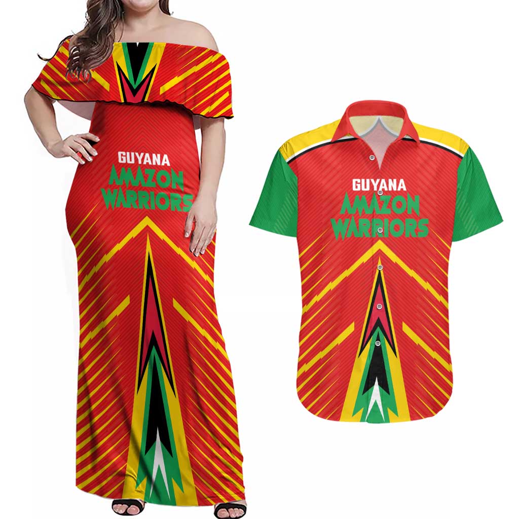 Custom Guyana Cricket Amazon Warriors Couples Matching Off Shoulder Maxi Dress and Hawaiian Shirt Green Red Gold Glory - Wonder Print Shop