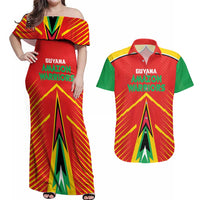 Custom Guyana Cricket Amazon Warriors Couples Matching Off Shoulder Maxi Dress and Hawaiian Shirt Green Red Gold Glory - Wonder Print Shop
