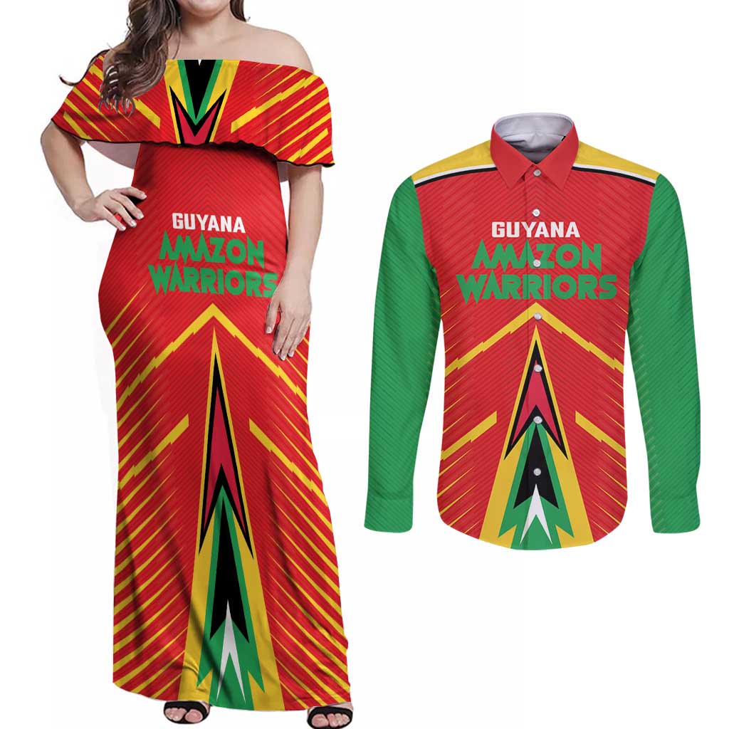 Custom Guyana Cricket Amazon Warriors Couples Matching Off Shoulder Maxi Dress and Long Sleeve Button Shirt Green Red Gold Glory - Wonder Print Shop