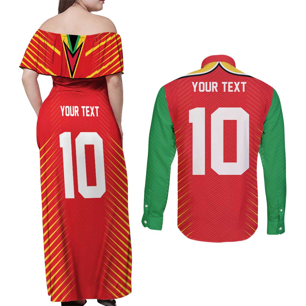 Custom Guyana Cricket Amazon Warriors Couples Matching Off Shoulder Maxi Dress and Long Sleeve Button Shirt Green Red Gold Glory - Wonder Print Shop