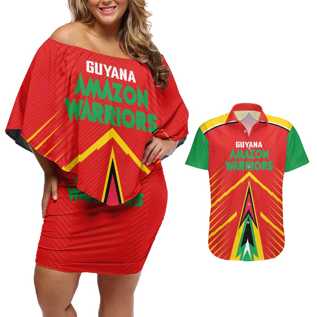Custom Guyana Cricket Amazon Warriors Couples Matching Off Shoulder Short Dress and Hawaiian Shirt Green Red Gold Glory - Wonder Print Shop