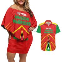 Custom Guyana Cricket Amazon Warriors Couples Matching Off Shoulder Short Dress and Hawaiian Shirt Green Red Gold Glory - Wonder Print Shop