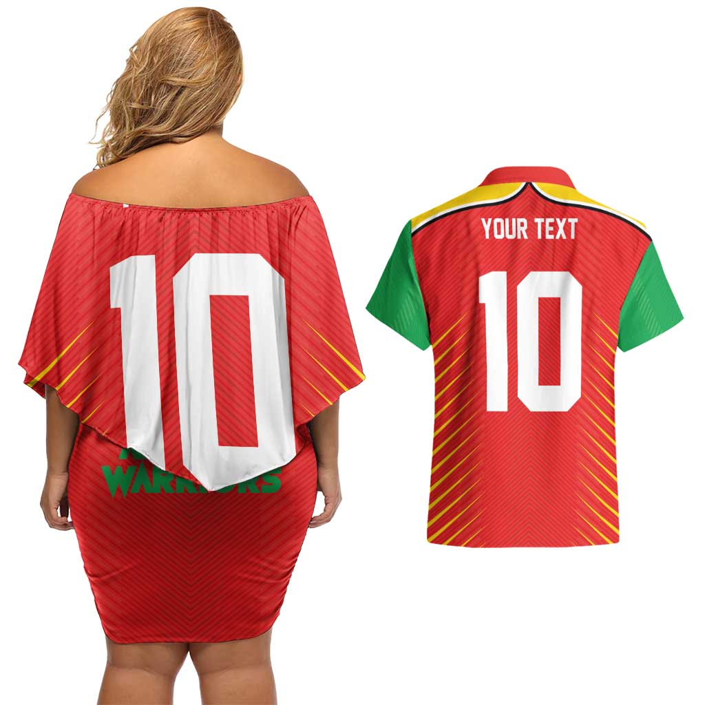 Custom Guyana Cricket Amazon Warriors Couples Matching Off Shoulder Short Dress and Hawaiian Shirt Green Red Gold Glory - Wonder Print Shop