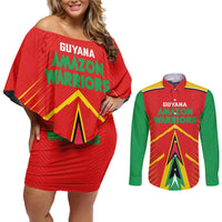 Custom Guyana Cricket Amazon Warriors Couples Matching Off Shoulder Short Dress and Long Sleeve Button Shirt Green Red Gold Glory - Wonder Print Shop