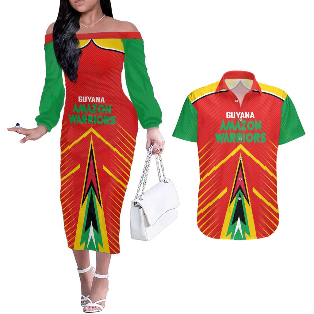Custom Guyana Cricket Amazon Warriors Couples Matching Off The Shoulder Long Sleeve Dress and Hawaiian Shirt Green Red Gold Glory - Wonder Print Shop