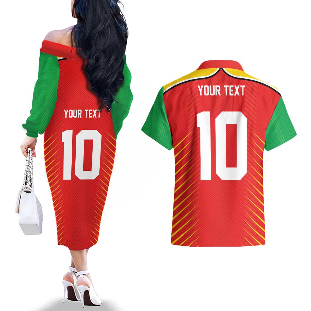 Custom Guyana Cricket Amazon Warriors Couples Matching Off The Shoulder Long Sleeve Dress and Hawaiian Shirt Green Red Gold Glory - Wonder Print Shop