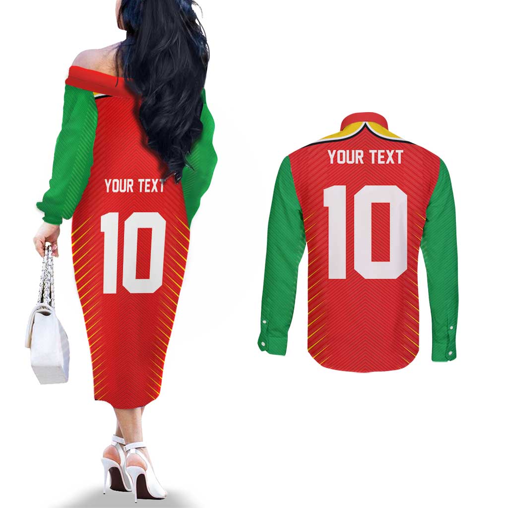 Custom Guyana Cricket Amazon Warriors Couples Matching Off The Shoulder Long Sleeve Dress and Long Sleeve Button Shirt Green Red Gold Glory - Wonder Print Shop