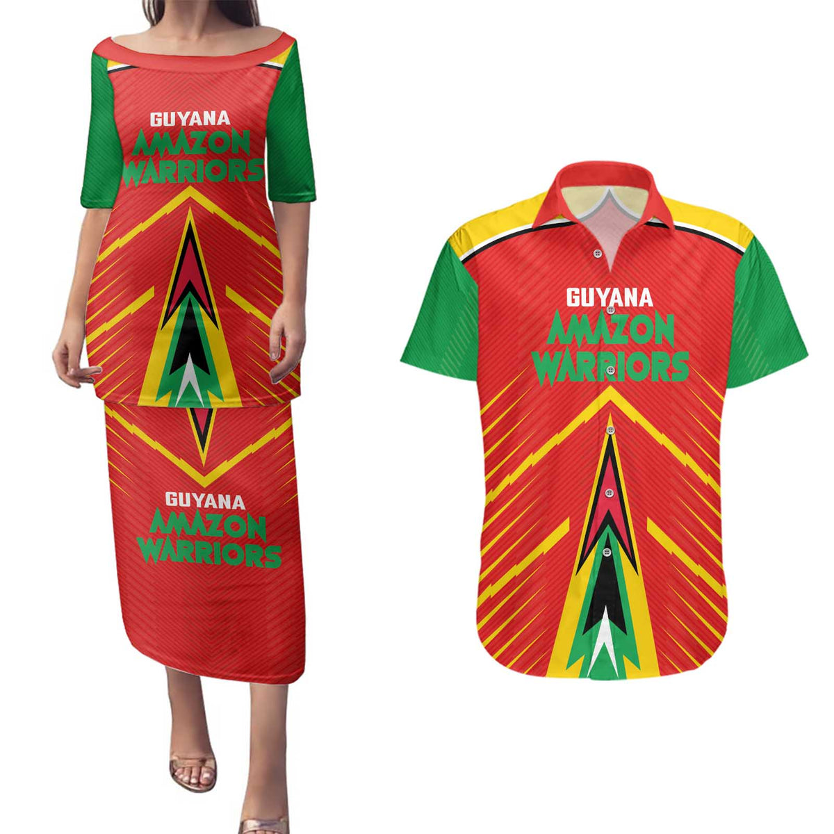Custom Guyana Cricket Amazon Warriors Couples Matching Puletasi and Hawaiian Shirt Green Red Gold Glory - Wonder Print Shop