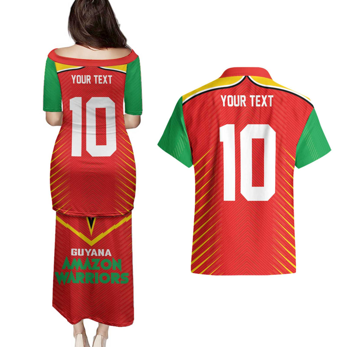 Custom Guyana Cricket Amazon Warriors Couples Matching Puletasi and Hawaiian Shirt Green Red Gold Glory - Wonder Print Shop
