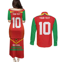 Custom Guyana Cricket Amazon Warriors Couples Matching Puletasi and Long Sleeve Button Shirt Green Red Gold Glory - Wonder Print Shop