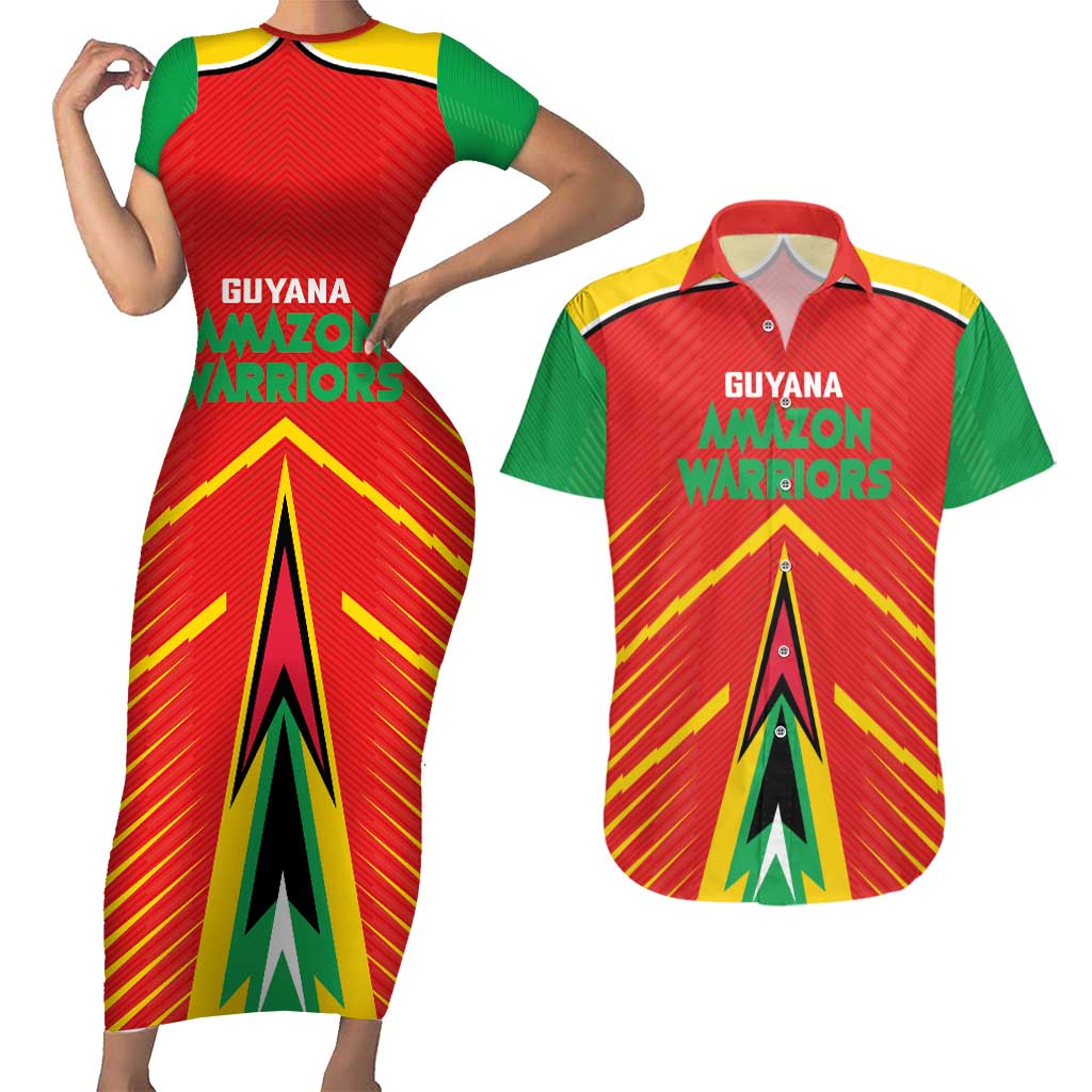 Custom Guyana Cricket Amazon Warriors Couples Matching Short Sleeve Bodycon Dress and Hawaiian Shirt Green Red Gold Glory - Wonder Print Shop