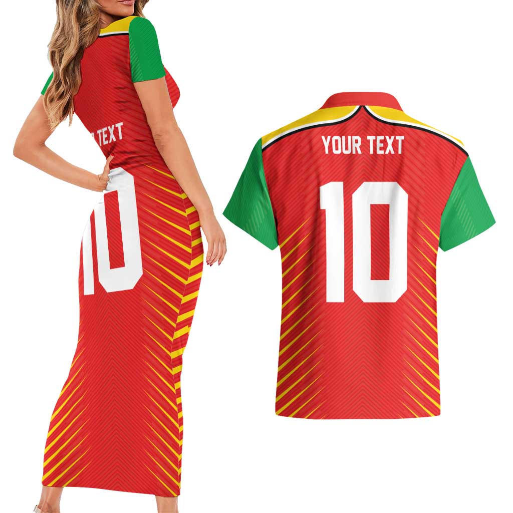 Custom Guyana Cricket Amazon Warriors Couples Matching Short Sleeve Bodycon Dress and Hawaiian Shirt Green Red Gold Glory - Wonder Print Shop