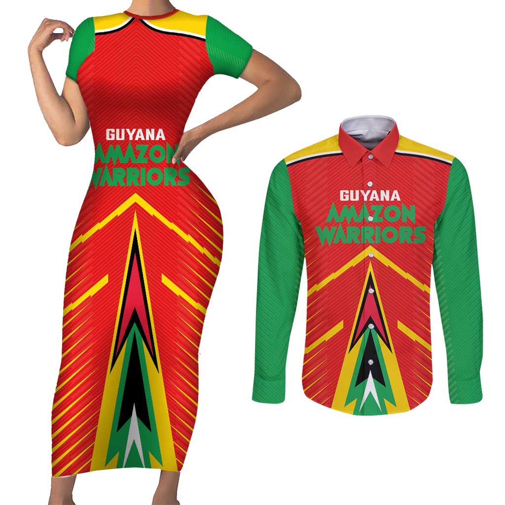 Custom Guyana Cricket Amazon Warriors Couples Matching Short Sleeve Bodycon Dress and Long Sleeve Button Shirt Green Red Gold Glory - Wonder Print Shop