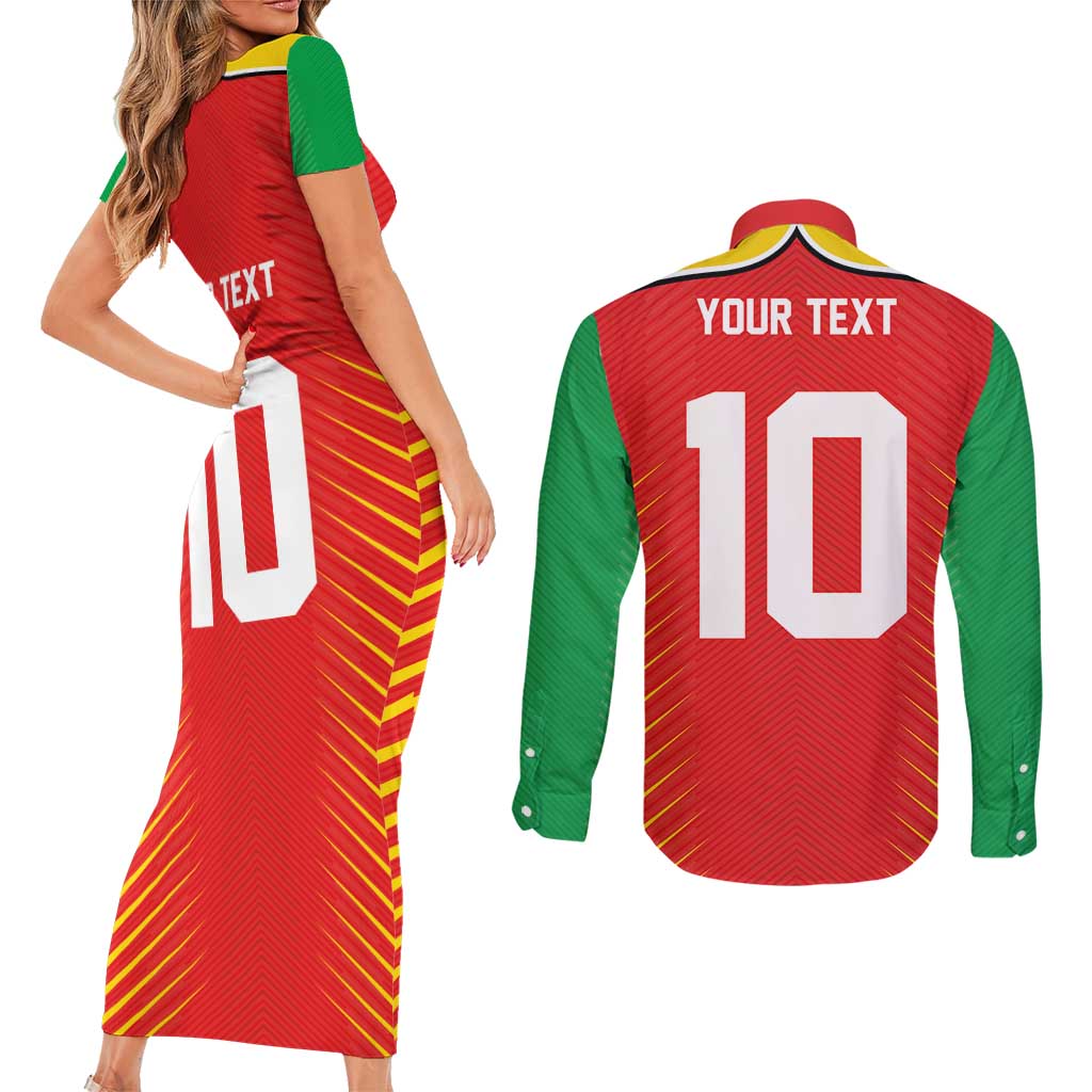 Custom Guyana Cricket Amazon Warriors Couples Matching Short Sleeve Bodycon Dress and Long Sleeve Button Shirt Green Red Gold Glory - Wonder Print Shop