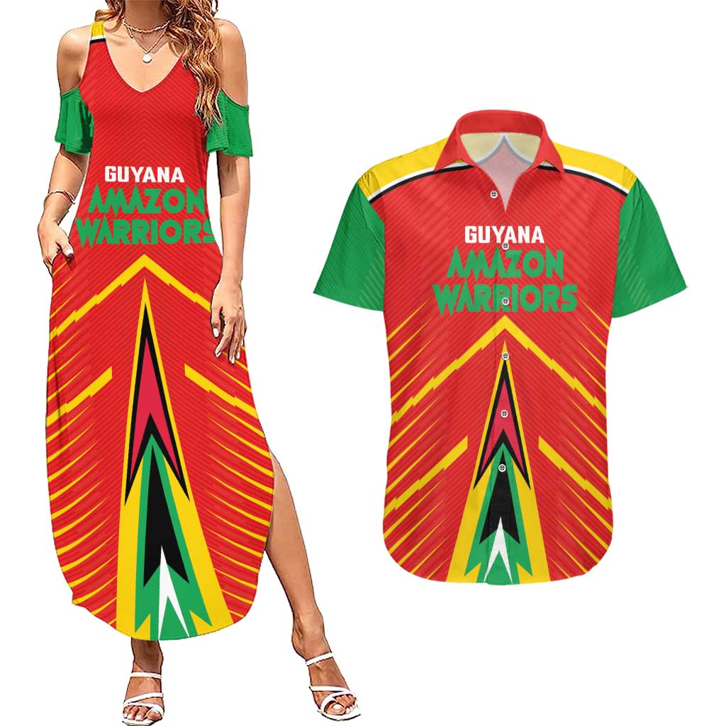 Custom Guyana Cricket Amazon Warriors Couples Matching Summer Maxi Dress and Hawaiian Shirt Green Red Gold Glory - Wonder Print Shop