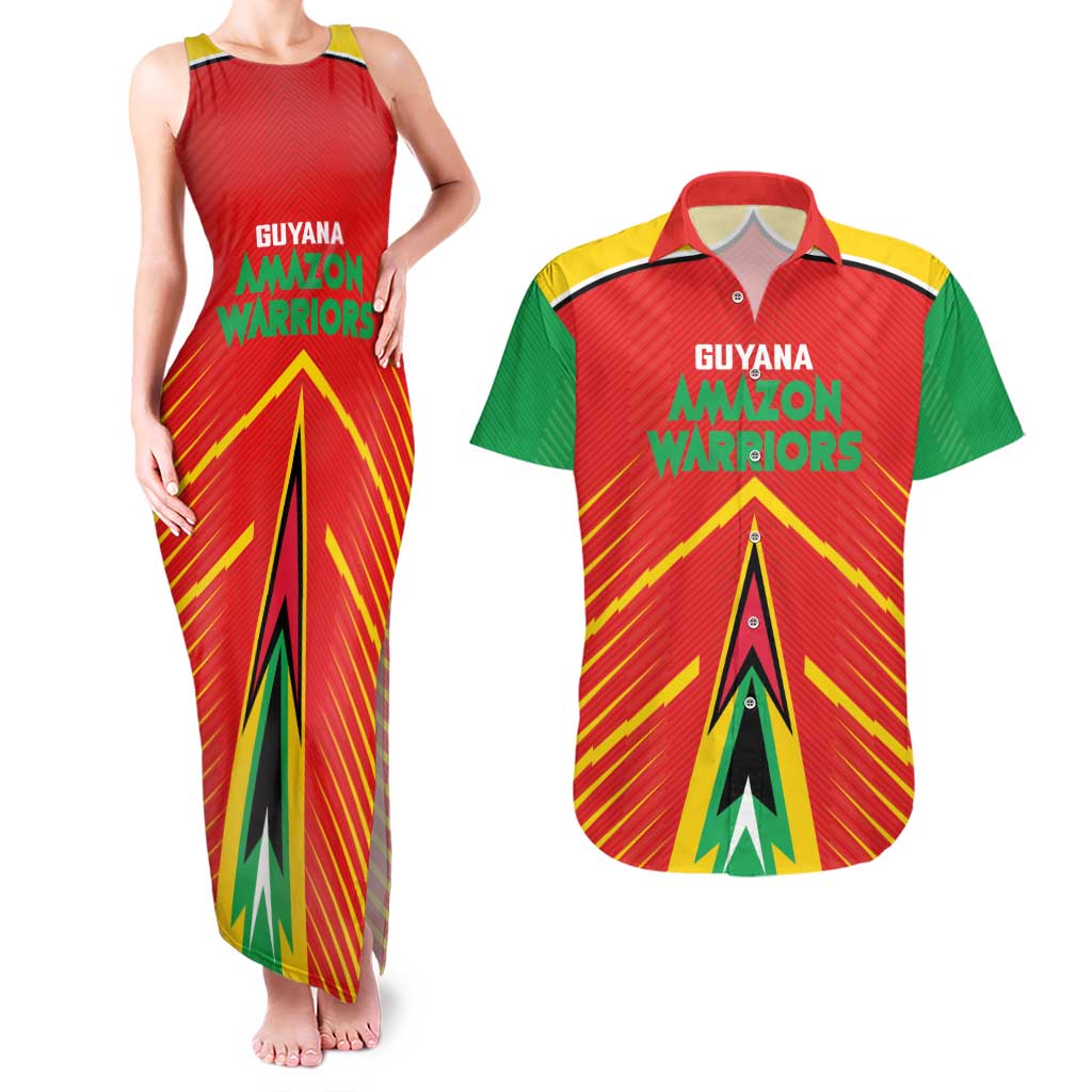 Custom Guyana Cricket Amazon Warriors Couples Matching Tank Maxi Dress and Hawaiian Shirt Green Red Gold Glory - Wonder Print Shop