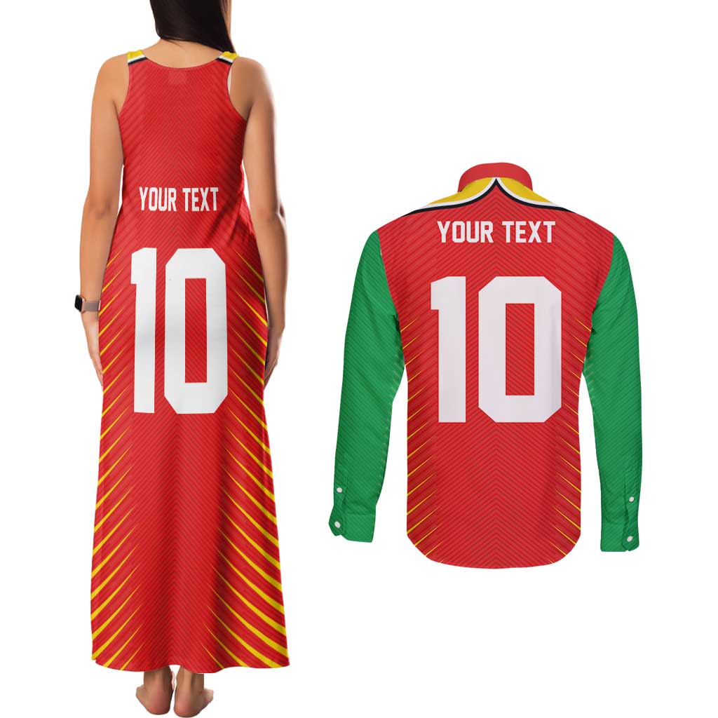 Custom Guyana Cricket Amazon Warriors Couples Matching Tank Maxi Dress and Long Sleeve Button Shirt Green Red Gold Glory - Wonder Print Shop