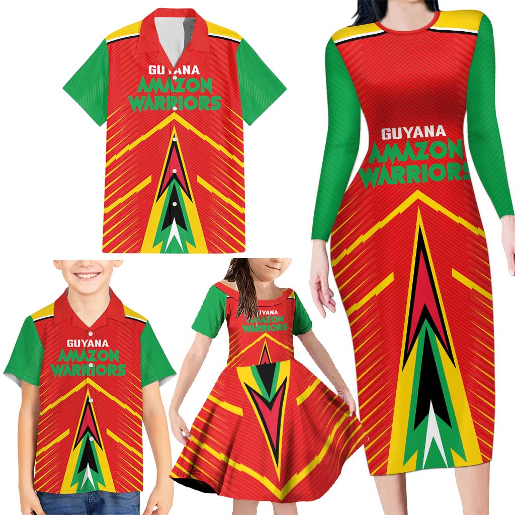 Custom Guyana Cricket Amazon Warriors Family Matching Long Sleeve Bodycon Dress and Hawaiian Shirt Green Red Gold Glory - Wonder Print Shop
