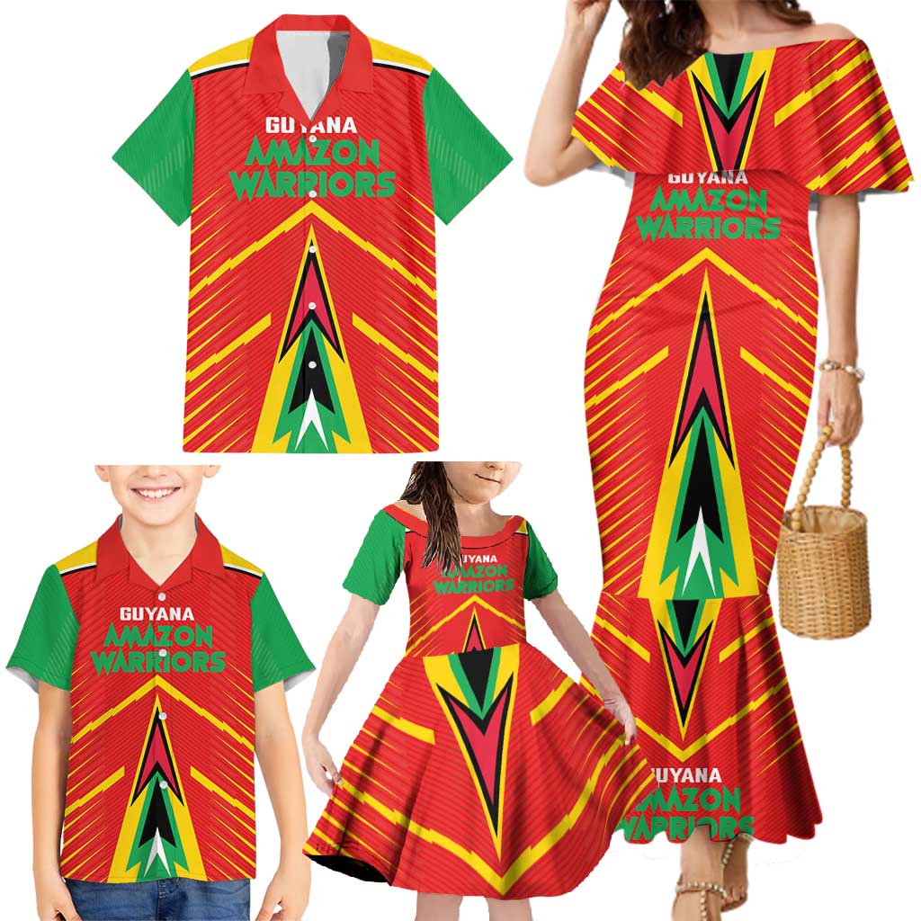 Custom Guyana Cricket Amazon Warriors Family Matching Mermaid Dress and Hawaiian Shirt Green Red Gold Glory - Wonder Print Shop