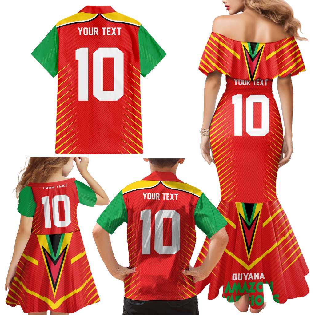 Custom Guyana Cricket Amazon Warriors Family Matching Mermaid Dress and Hawaiian Shirt Green Red Gold Glory - Wonder Print Shop