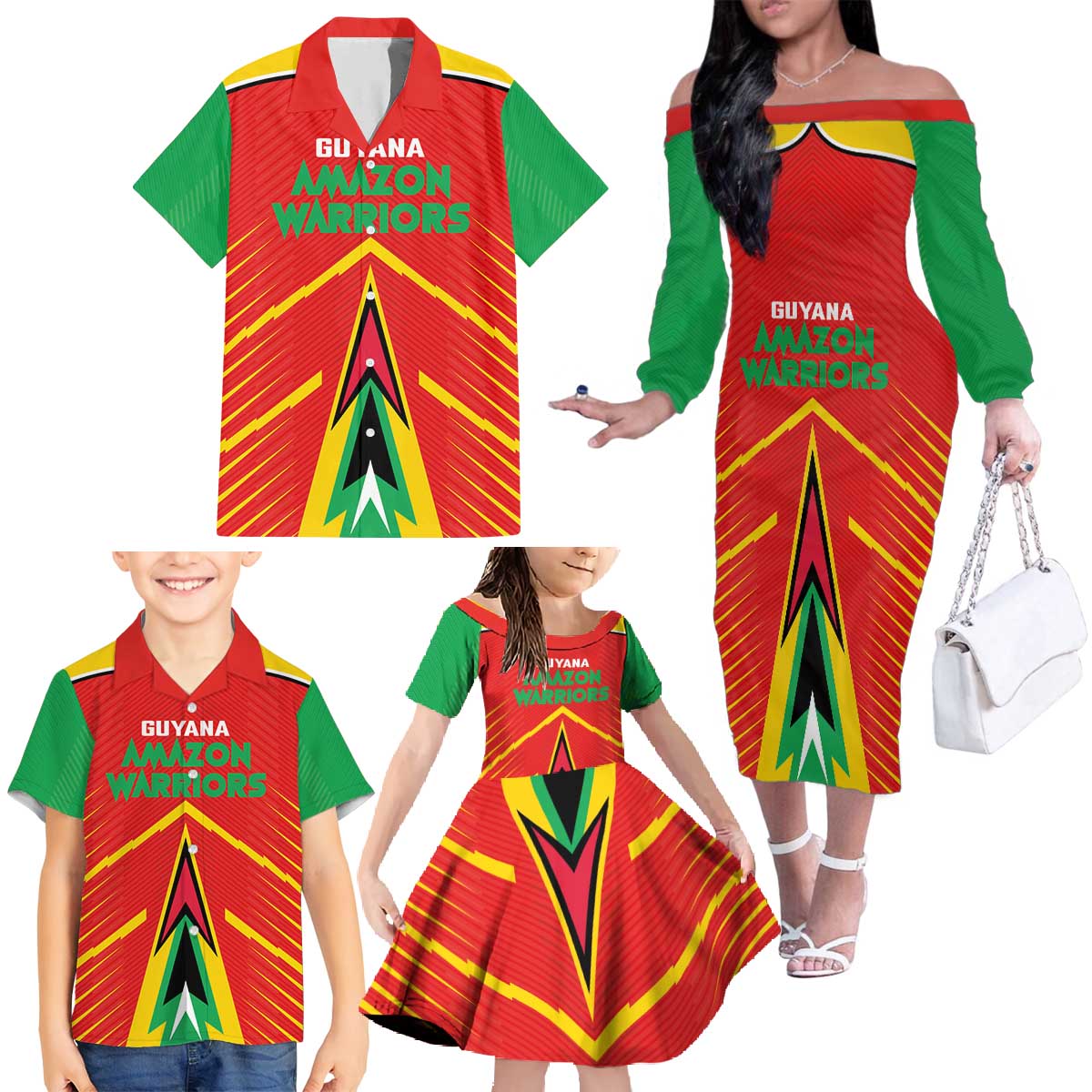 Custom Guyana Cricket Amazon Warriors Family Matching Off The Shoulder Long Sleeve Dress and Hawaiian Shirt Green Red Gold Glory - Wonder Print Shop