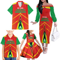 Custom Guyana Cricket Amazon Warriors Family Matching Off The Shoulder Long Sleeve Dress and Hawaiian Shirt Green Red Gold Glory - Wonder Print Shop