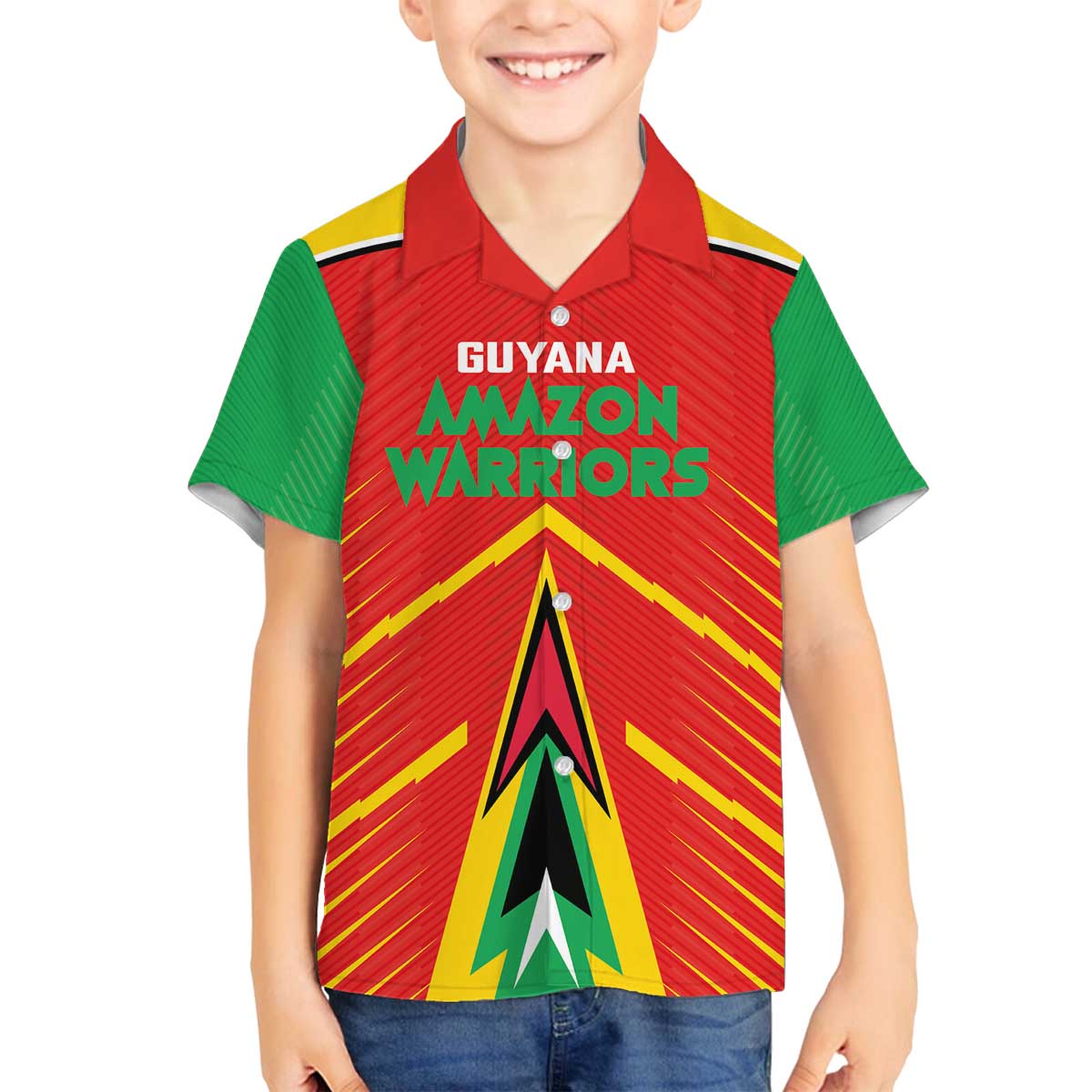 Custom Guyana Cricket Amazon Warriors Family Matching Off The Shoulder Long Sleeve Dress and Hawaiian Shirt Green Red Gold Glory - Wonder Print Shop