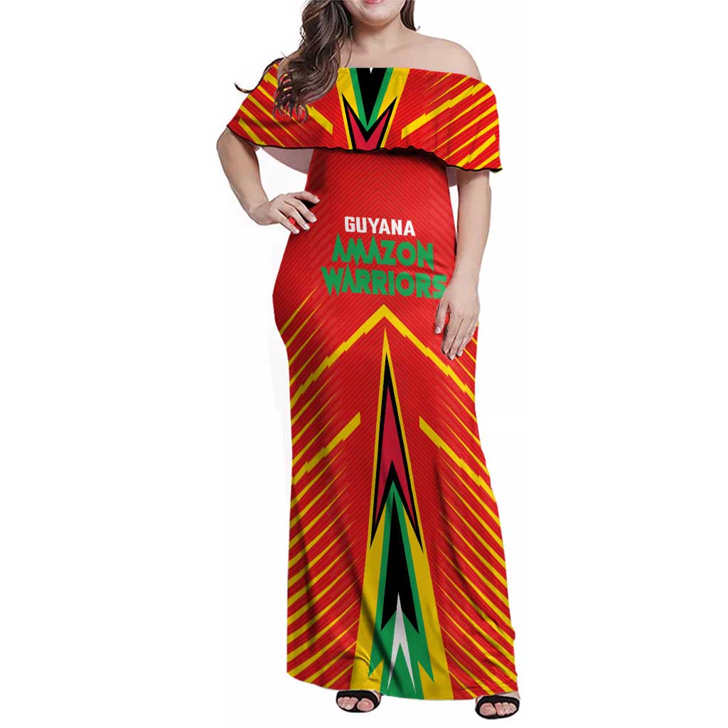 Custom Guyana Cricket Amazon Warriors Family Matching Off Shoulder Maxi Dress and Hawaiian Shirt Green Red Gold Glory - Wonder Print Shop