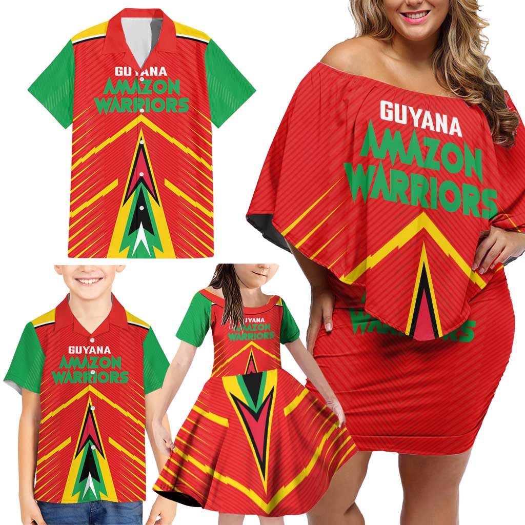 Custom Guyana Cricket Amazon Warriors Family Matching Off Shoulder Short Dress and Hawaiian Shirt Green Red Gold Glory - Wonder Print Shop