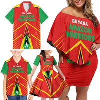 Custom Guyana Cricket Amazon Warriors Family Matching Off Shoulder Short Dress and Hawaiian Shirt Green Red Gold Glory - Wonder Print Shop