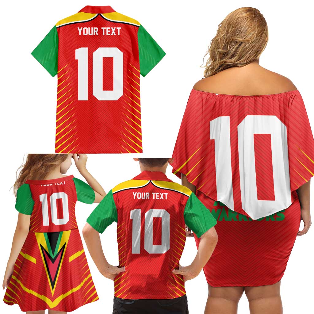Custom Guyana Cricket Amazon Warriors Family Matching Off Shoulder Short Dress and Hawaiian Shirt Green Red Gold Glory - Wonder Print Shop