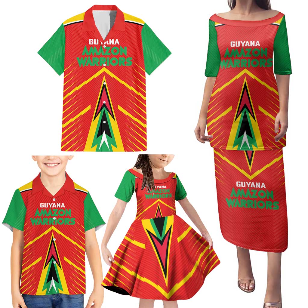 Custom Guyana Cricket Amazon Warriors Family Matching Puletasi and Hawaiian Shirt Green Red Gold Glory - Wonder Print Shop