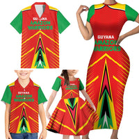 Custom Guyana Cricket Amazon Warriors Family Matching Short Sleeve Bodycon Dress and Hawaiian Shirt Green Red Gold Glory - Wonder Print Shop