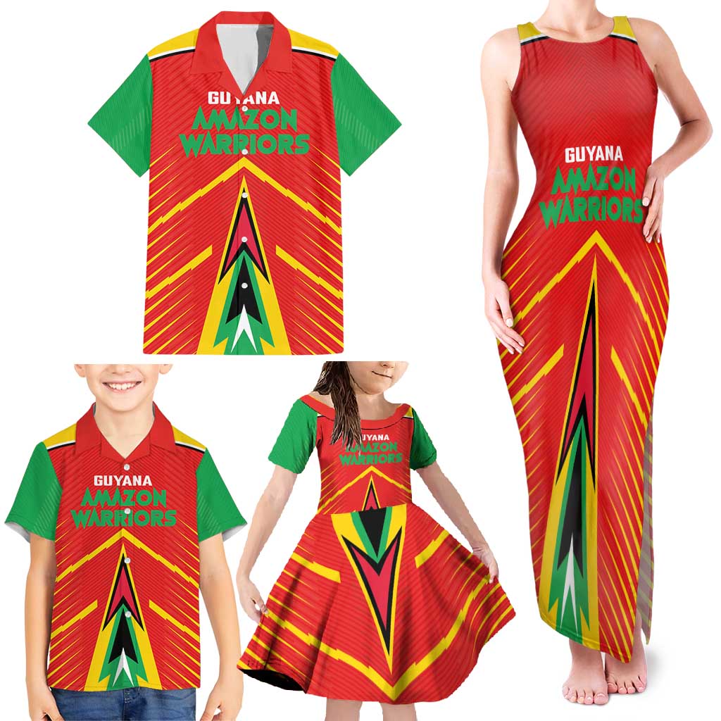 Custom Guyana Cricket Amazon Warriors Family Matching Tank Maxi Dress and Hawaiian Shirt Green Red Gold Glory - Wonder Print Shop