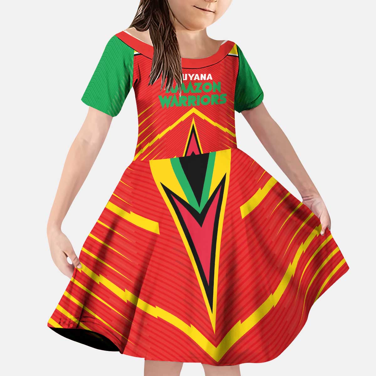 Custom Guyana Cricket Amazon Warriors Kid Short Sleeve Dress Green Red Gold Glory - Wonder Print Shop