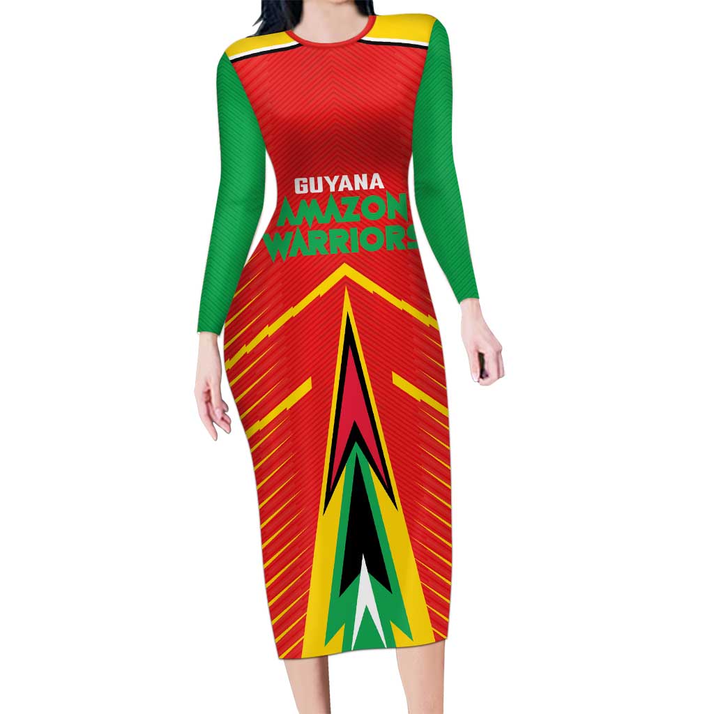 Custom Guyana Cricket Amazon Warriors Long Sleeve Bodycon Dress Green Red Gold Glory - Wonder Print Shop