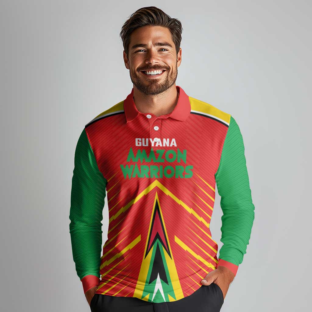 Custom Guyana Cricket Amazon Warriors Long Sleeve Polo Shirt Green Red Gold Glory - Wonder Print Shop
