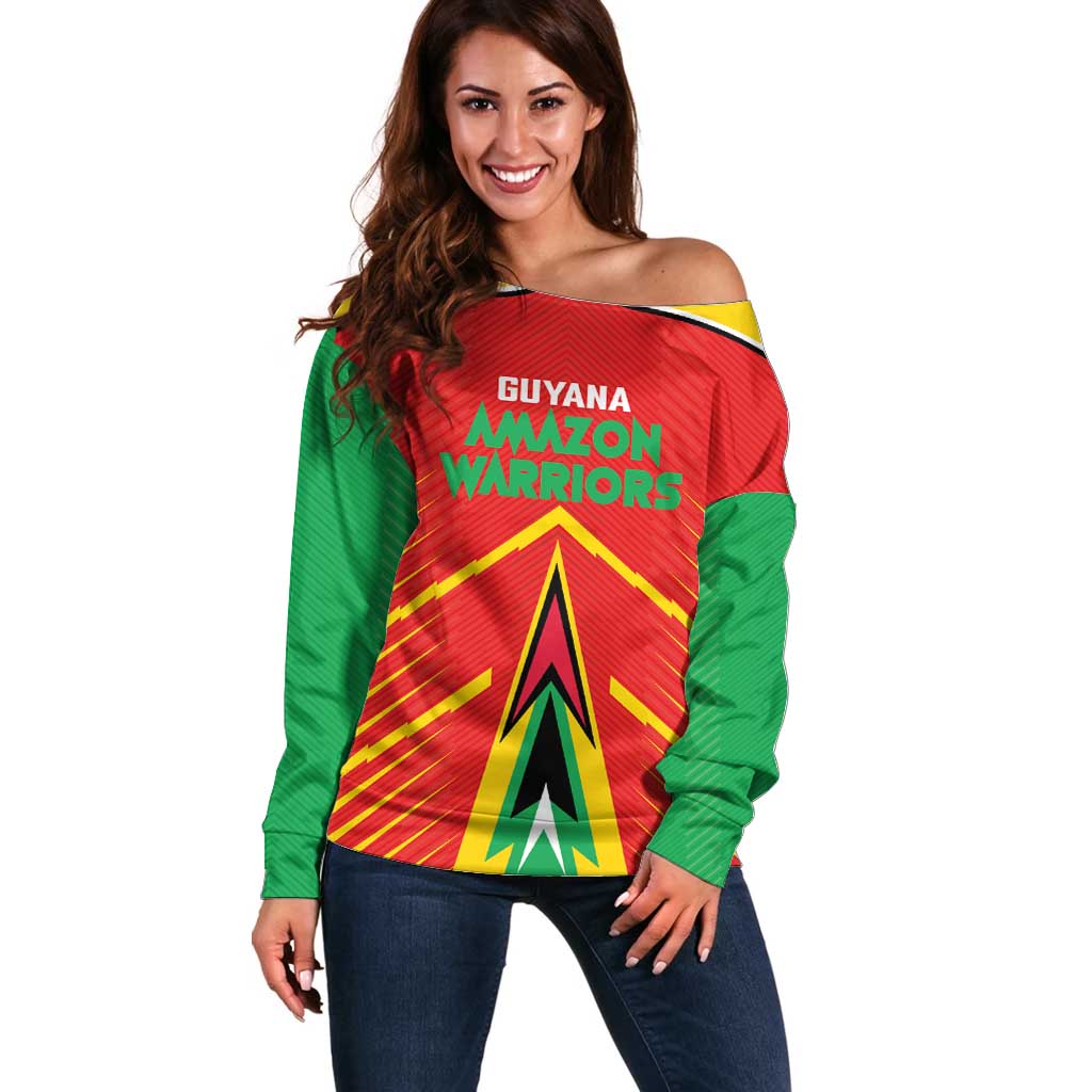 Custom Guyana Cricket Amazon Warriors Off Shoulder Sweater Green Red Gold Glory - Wonder Print Shop