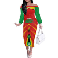 Custom Guyana Cricket Amazon Warriors Off The Shoulder Long Sleeve Dress Green Red Gold Glory - Wonder Print Shop