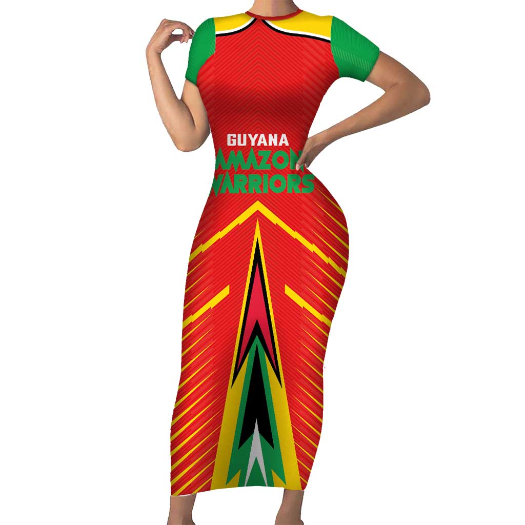 Custom Guyana Cricket Amazon Warriors Short Sleeve Bodycon Dress Green Red Gold Glory - Wonder Print Shop