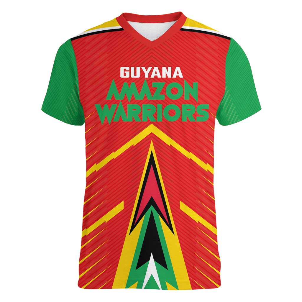 Custom Guyana Cricket Amazon Warriors Women V-Neck T-Shirt Green Red Gold Glory - Wonder Print Shop