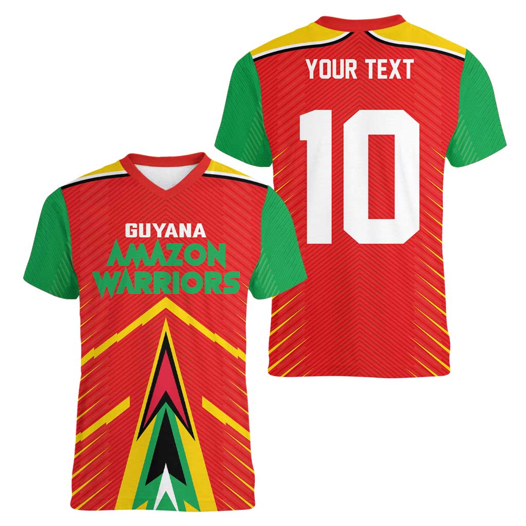 Custom Guyana Cricket Amazon Warriors Women V-Neck T-Shirt Green Red Gold Glory - Wonder Print Shop